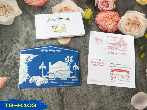 Thiệp tân gia Xanh dương Nhũ Ánh kim mã TG-K103