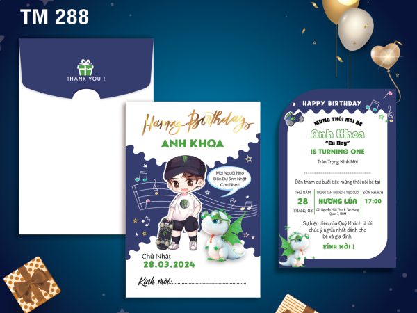 Mẫu sinh nhật thôi nôi xanh dương bé rồng xanh, cậu bé lướt ván SN 288