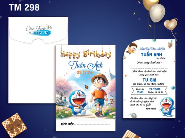 Mẫu sinh nhật thôi nôi xanh họa tiết doremon và nobita