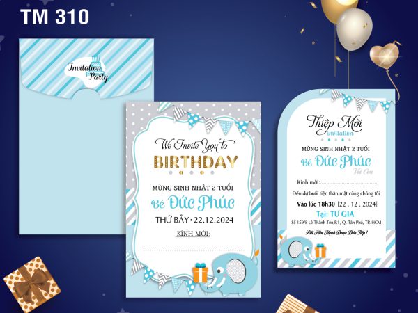 Mẫu sinh nhật thôi nôi bé trai màu xanh chú voi con mã SN-310