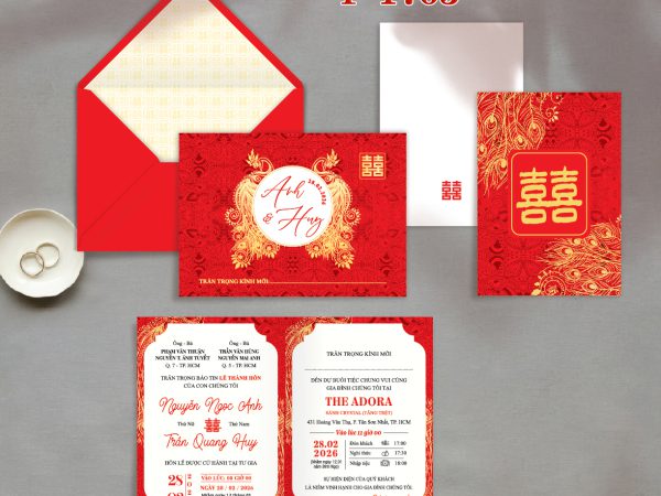 Thiệp cưới màu đỏ đô khổng tước in tên TCP-1705