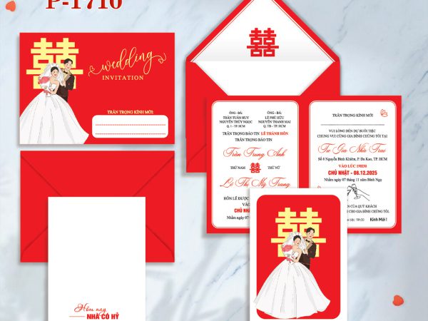 Thiệp cưới màu đỏ chibi song hỷ vàng in offset  TCP-17010