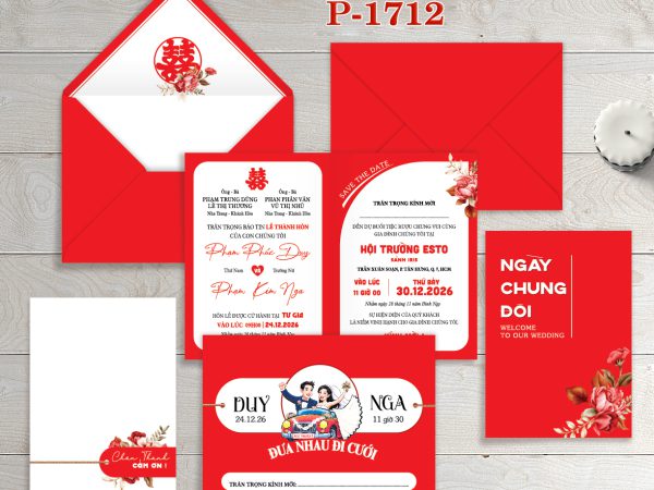 Thiệp cưới màu đỏ chibi xe ô tô in offset  TCP-17012