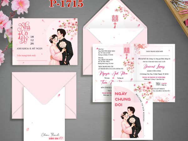 Thiệp cưới màu hồng hoa đào chibi dâu rể in offset  TCP-17015