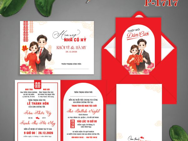 Thiệp cưới màu đỏ trắng chibi dâu rể in offset  TCP-17017