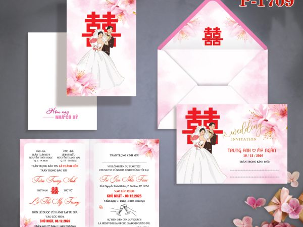 Thiệp cưới màu hồng chibi offset in tên TCP-1709
