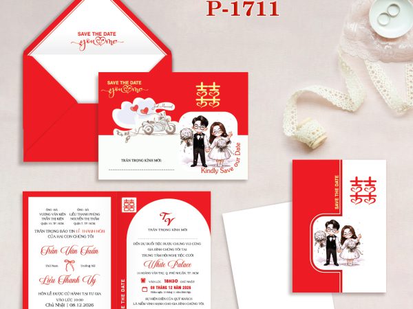 Thiệp cưới màu đỏ chibi xe 67 in offset  TCP-1711