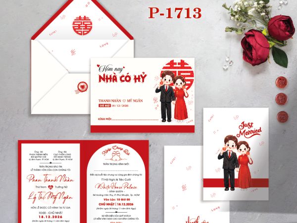 Thiệp cưới màu đỏ chibi nhà có hỷ in offset  TCP-17013