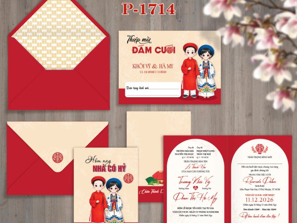 Thiệp cưới màu đỏ đô vintage chibi râu rể xưa in offset  TCP-17014